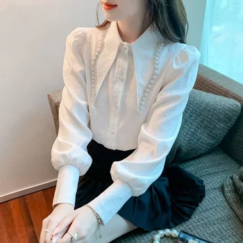 Camicia alla moda a maniche lunghe da donna in chiffon con colletto per bambola primaverile e autunnale 1