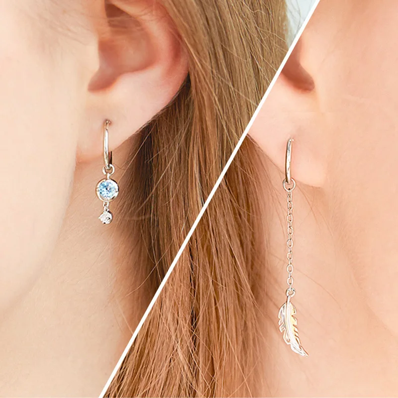 Dangle Drop Crystal Tassel Long Earrings for Women Asymmetric Moonstone Feather Personality Tassel Ear Line Ear Buckle Luxury Jewelry