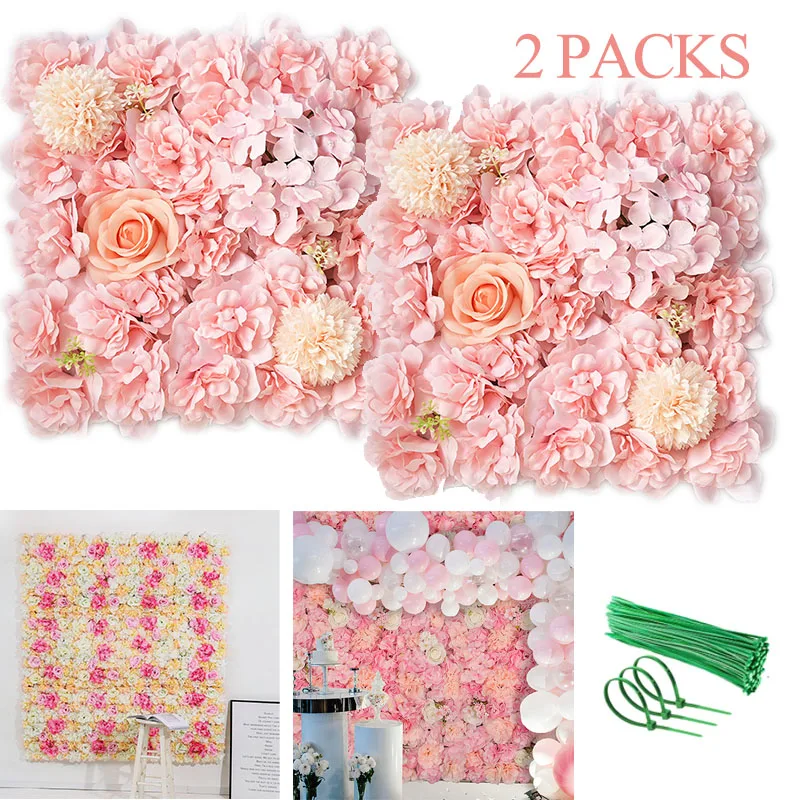 2 PACKS of Artificial Flowers Wall Decoration Panels 3D Silk Rose Flower Wall Mat For Backdrop