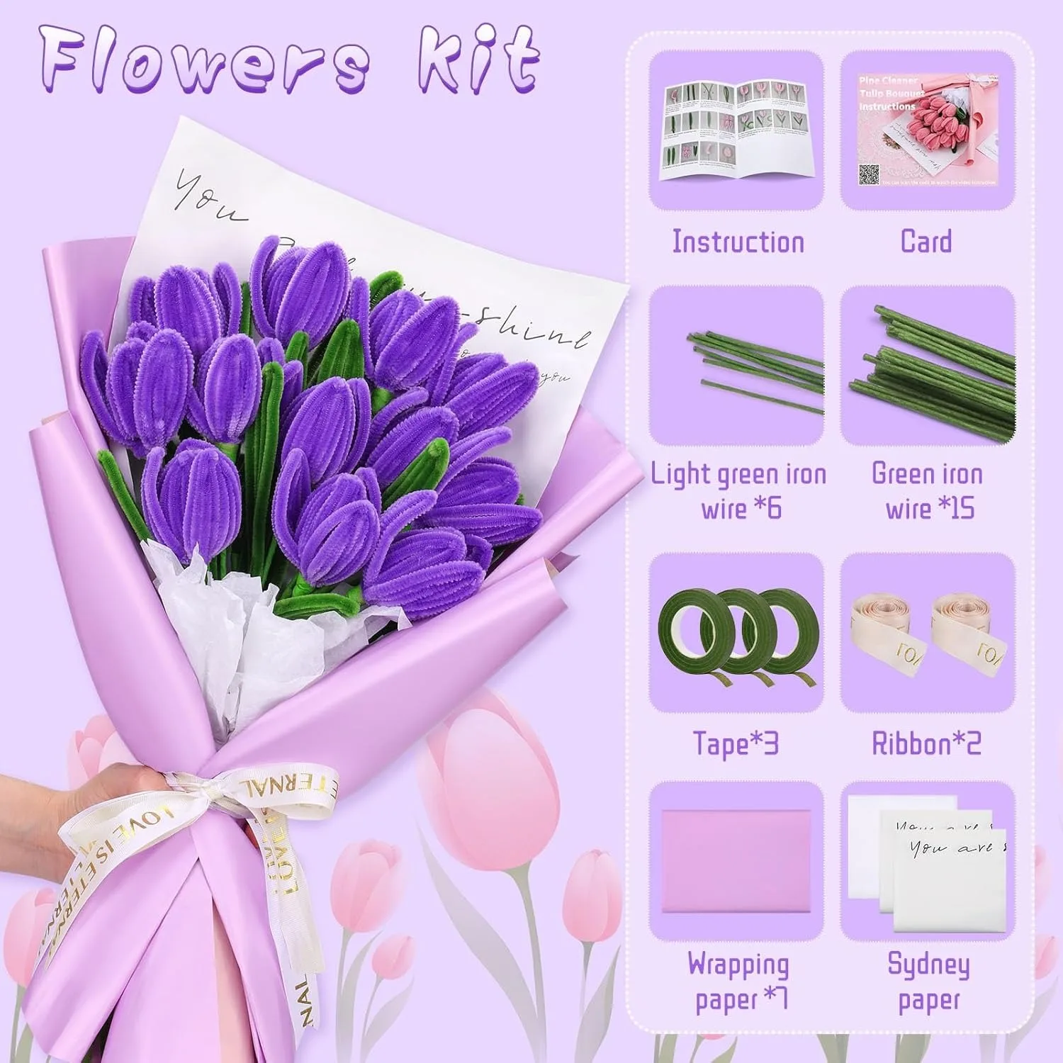 OUBAI Pipe Cleaner Flower Craft Kit, with Wrapping Paper, Step-by-Step Video Tutorials for Birthday Home Decoration