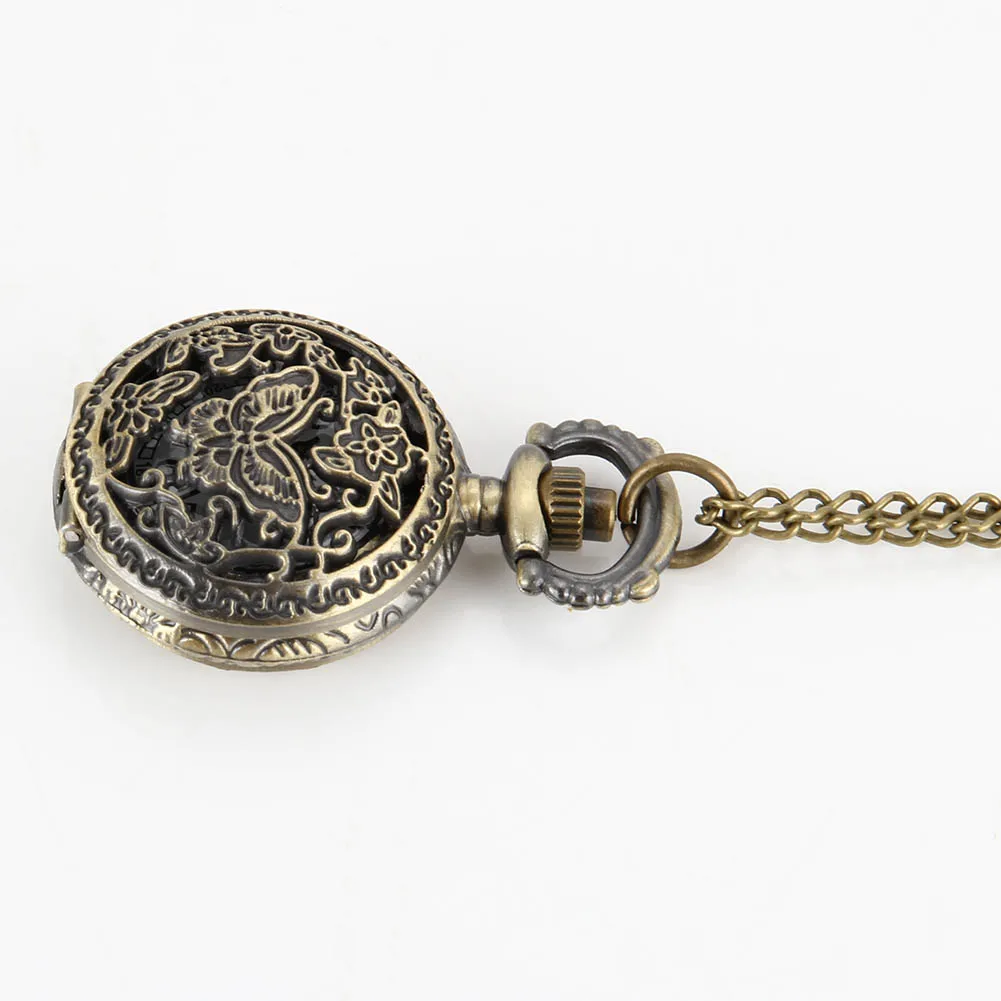 Fashion Women Quartz Pocket Watch Alloy Hollow Out  Butterflies Flowers Vintage Sweater Chain Necklace Pendant Clock Gifts
