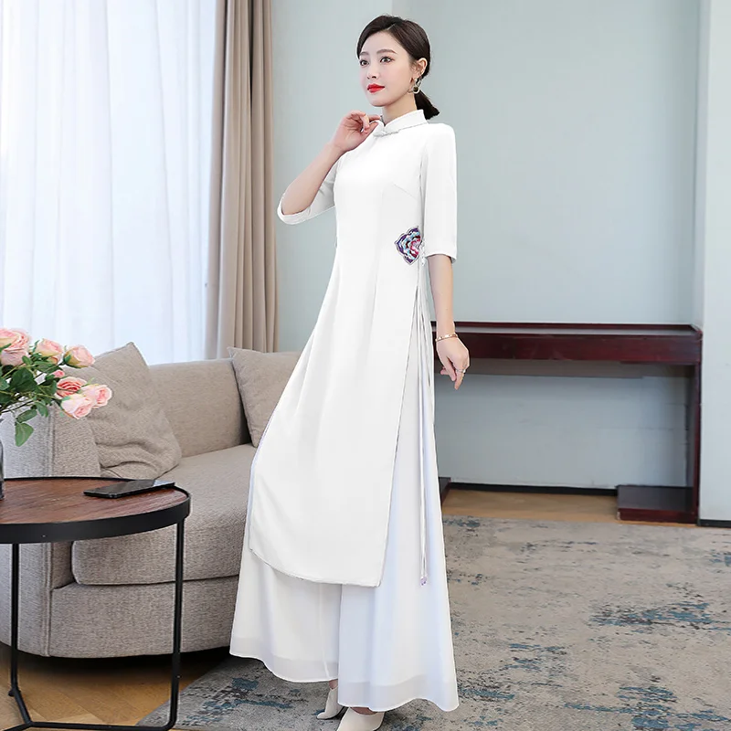 Vintage Harajuku Purple Ao Dai Vietnam Solid Pants Two Piece Set Embroidery Chinese Style Women Slim Casual White Long Top Suits