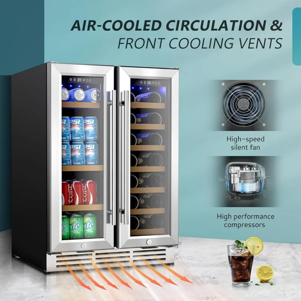 Wine Cooler with Glass Door Hold 21 Bottles and 88 Cans, 24 Inch Dual Zone Wine Refrigerator with Blue LED Light 3