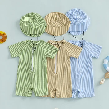 Estate Bambino Bambini Neonato Costumi da bagno Stampa a righe Cerniera O-Collo Manica corta Tute Rash Guard Costumi da bagno Cappelli Costumi da bagno 1