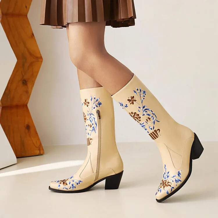 

AOSPHIRAYLIAN Retro Western Cowboy Boots For Women 2023 Sewing Floral Mix Color Embroidery Flowers Patchwork Women's Shoes Boots