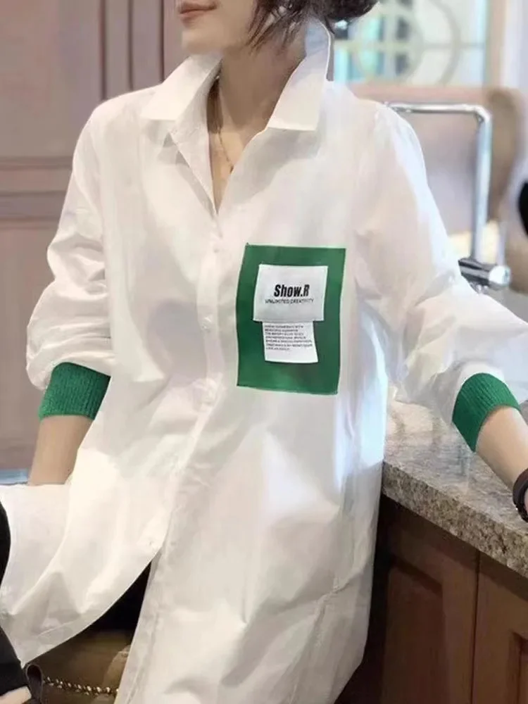 Design White Long Sleeved Med- Length Shirt For Women\'s Loose Unique Korean Casual Fashion Chic Ins Patchwork Blouse Top