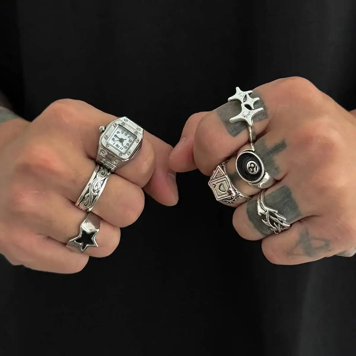 الهيب هوب  الإبداعية الفضة اللون الخماسي خواتم الاصبع الرجال  غير النظامية كومة حلقة الاتجاه مجوهرات الإكسسوار