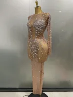 Sexy Shinny Rhinestone Stretch Mesh Transparent Long Dress 2025New Women Evening Birthday Party Prom Nightclub Singer Stage Wear - Image 2