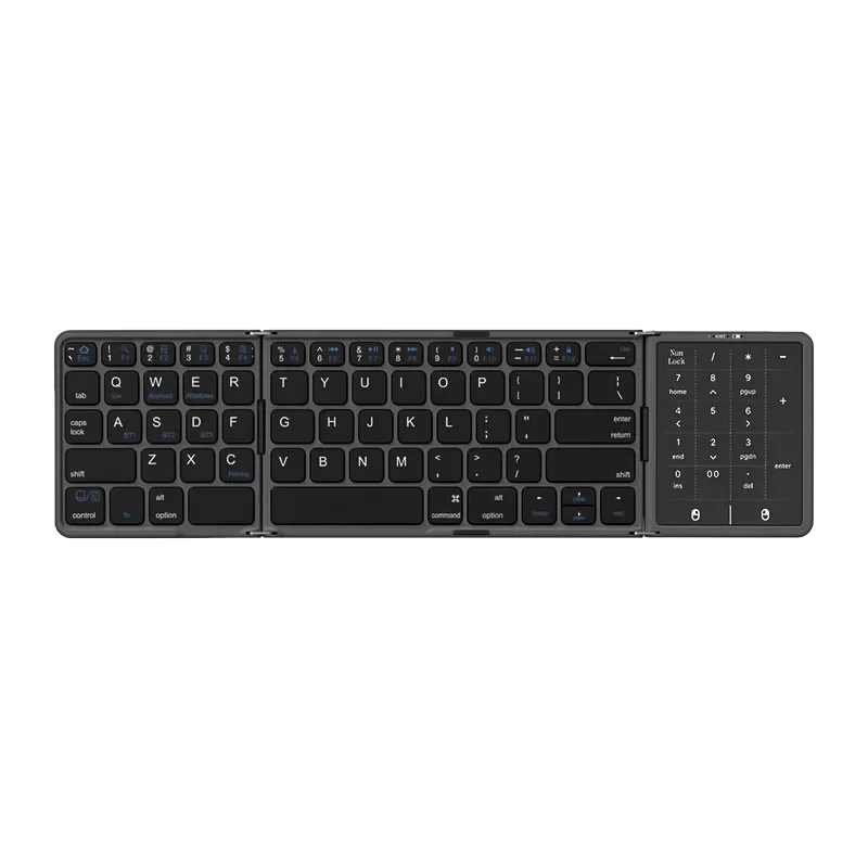 새로운 3단 접이식 블루투스 키보드, 터치패드 내장, 휴대용 접이식 키보드 (PC, Mac, 스마트폰, 아이패드 호환)