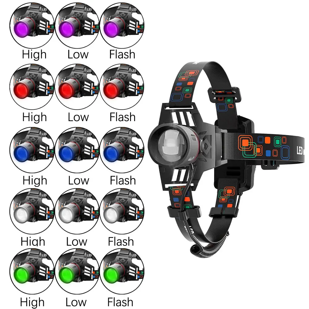 LED Headlamp 3-Mode Zoomable Headlight 18650 Head Torch Fishing Light Camping Red Hunting Flashlight Blue 395nm UV Green White head flashlight cob headlamp