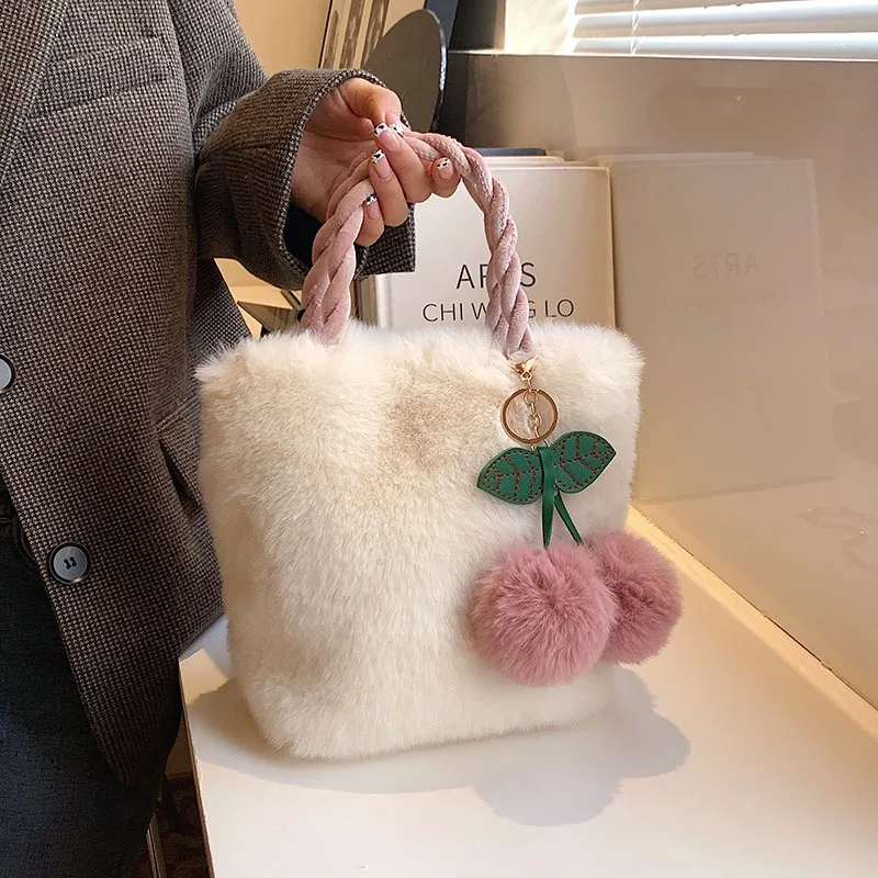 Cherry Decor Fluffy Bucket Bag