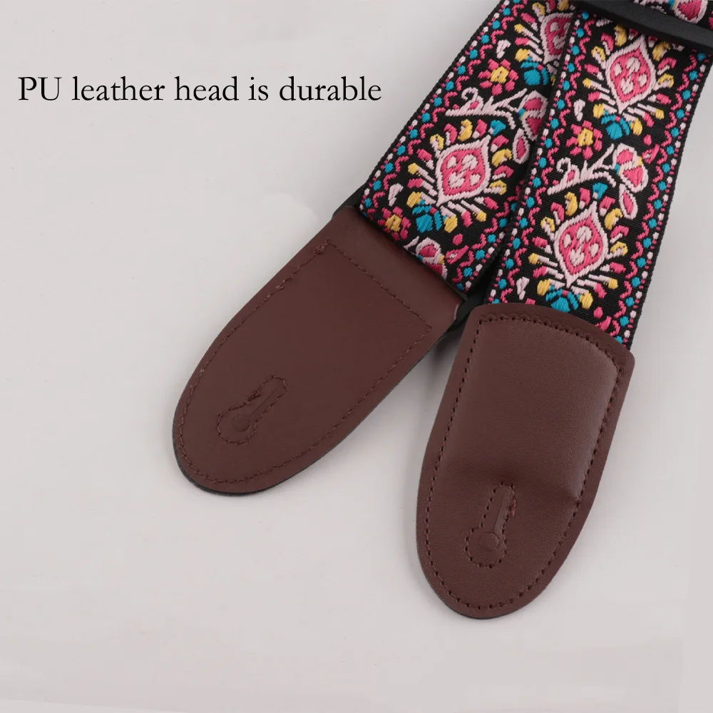 Guitar Strap Embroidered Belt Adjustable Jacquard Band Cotton Leather End For Bass Acoustic Electric Guitar Ukulele Instruments