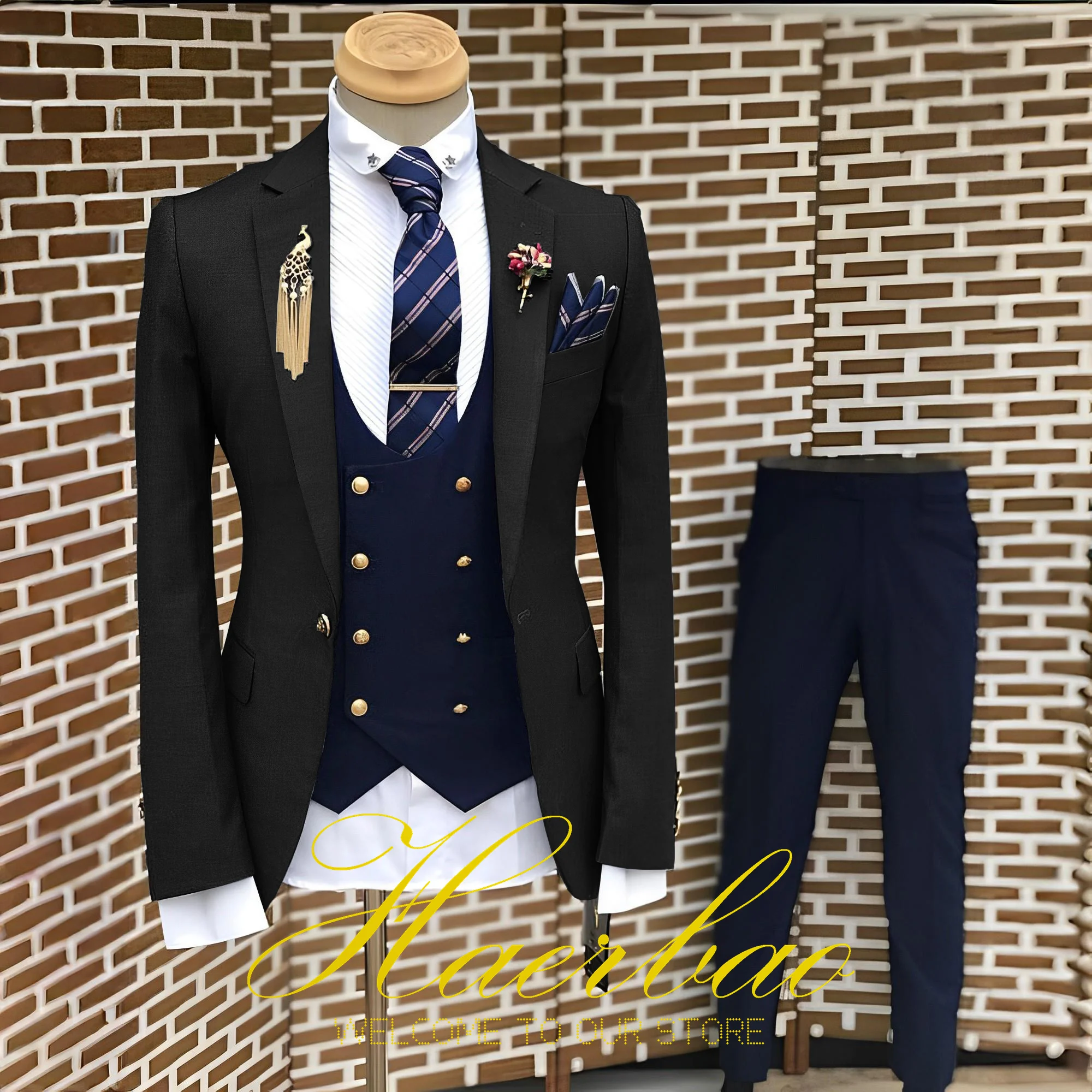 Men's Suit Business Jacket Navy Blue Vest Pants 3-Piece Set Slim Fit Wedding Tuxedo