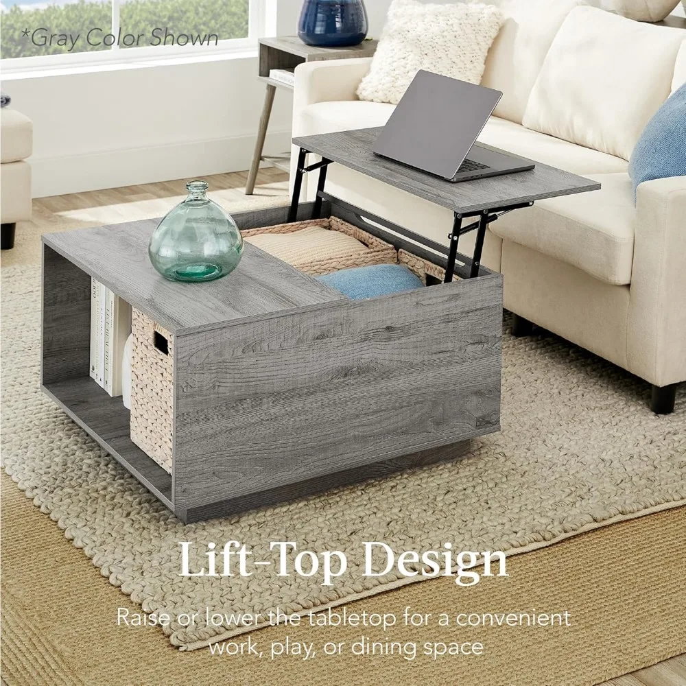 Square Lift Top Coffee Table, Wooden Rustic Modern Multifunctional Accent Table for Living Room w/Hidden Storage, Cubby 4