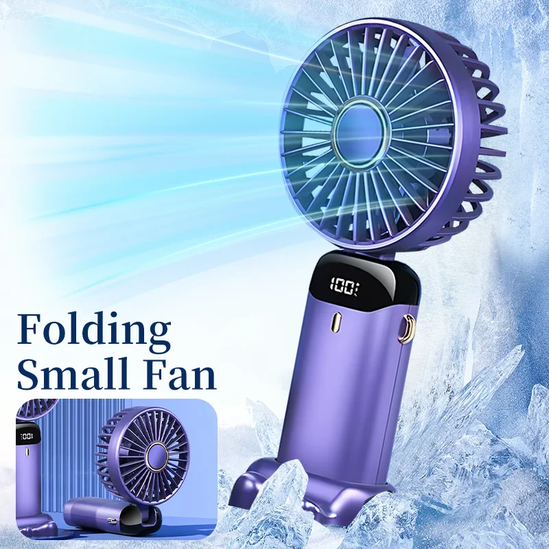 

USB Rechargeable Mini Fan Handheld Fan LED Digital Display 90°Adjustable Fan Foldable Portable Neck Hanging Fan with Phone Stand