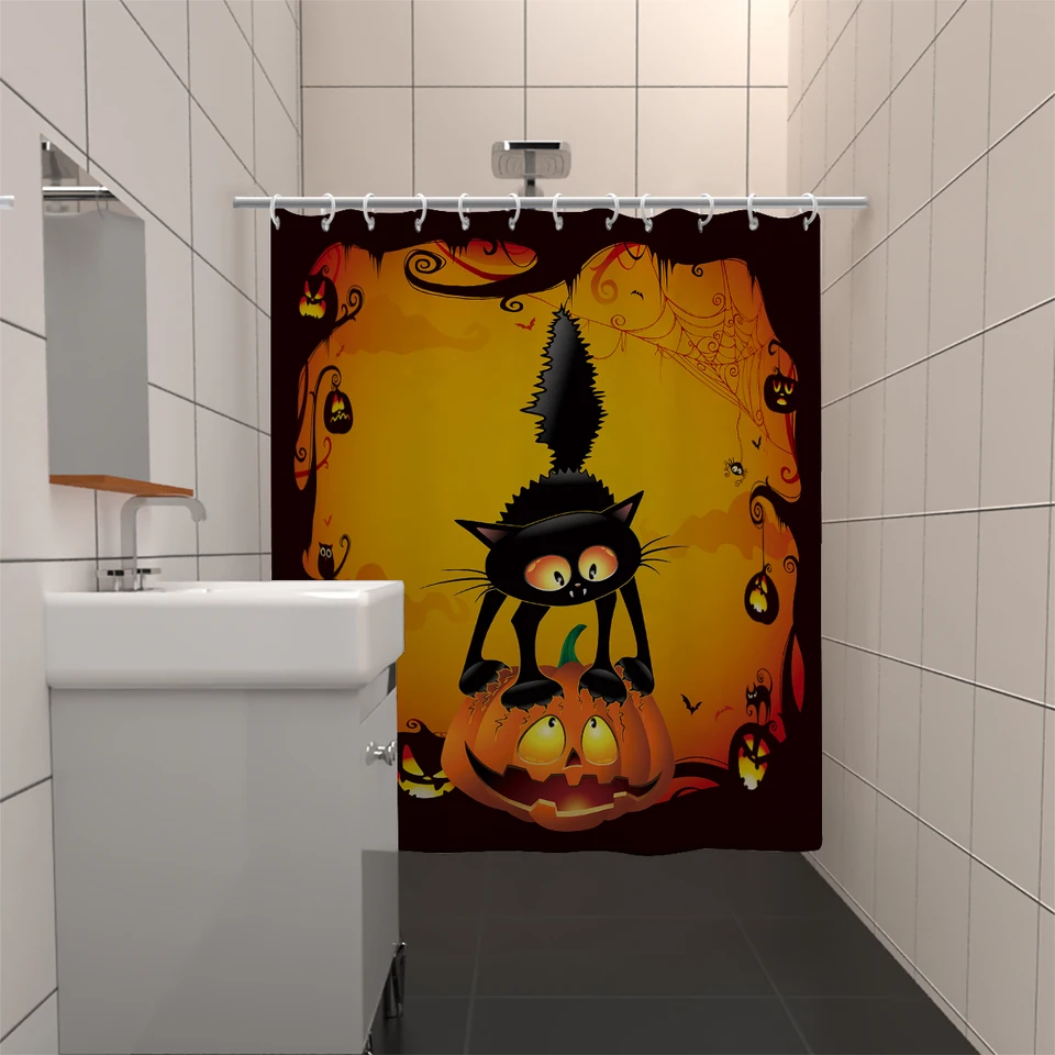 1 piece 180x180cm orange pumpkin black cat print Halloween shower curtain  partition bathroom waterproof and mildew proof, image size:960x960