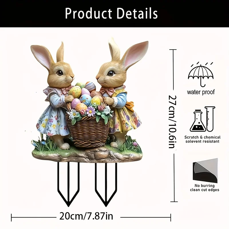 Garden Decoration 2D Easter Bunny Garden Stand Flat Printing Acrylic Bunny Statue Basket Outdoor Lawn and Garden Decoration Easter Theme
