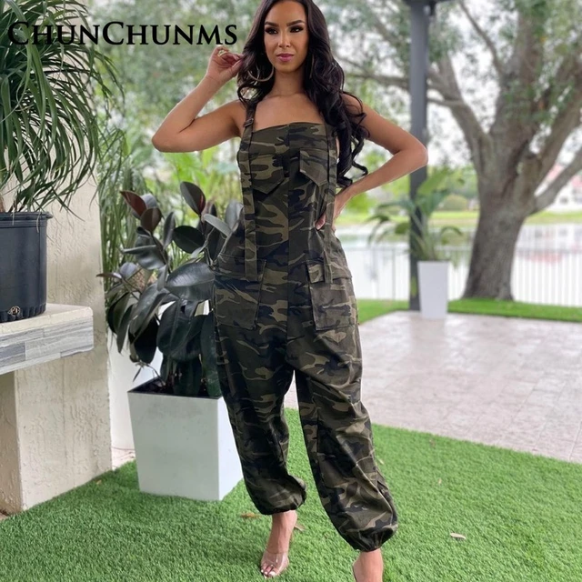 Camouflage Suspender Trousers Women Cross Belt Halter Cargo Pocket Overalls  Casual Loose High Waist Pant Romper Street 2023 Fall