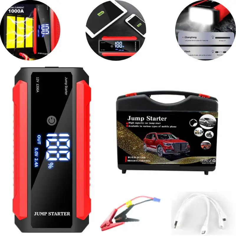 12V Portable Car Jump Starter Emergency Starter Device 1000A 30000mAh  Digital Display Multifunction Auto Battery Booster Charger