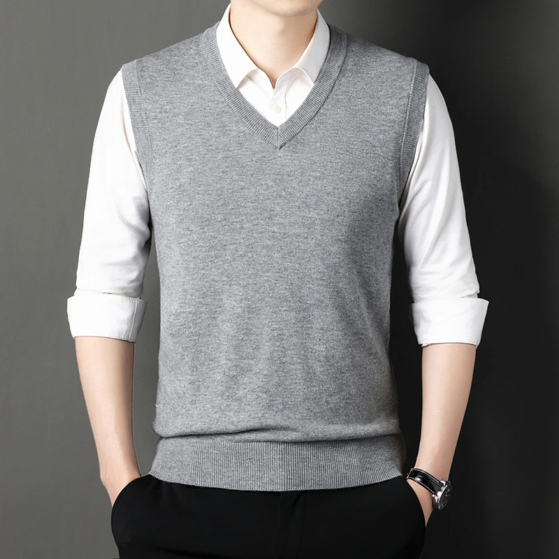 Men Sweater Vests 100％ Wool Knitted Sweater Vests Pullovers Autumn/Winter