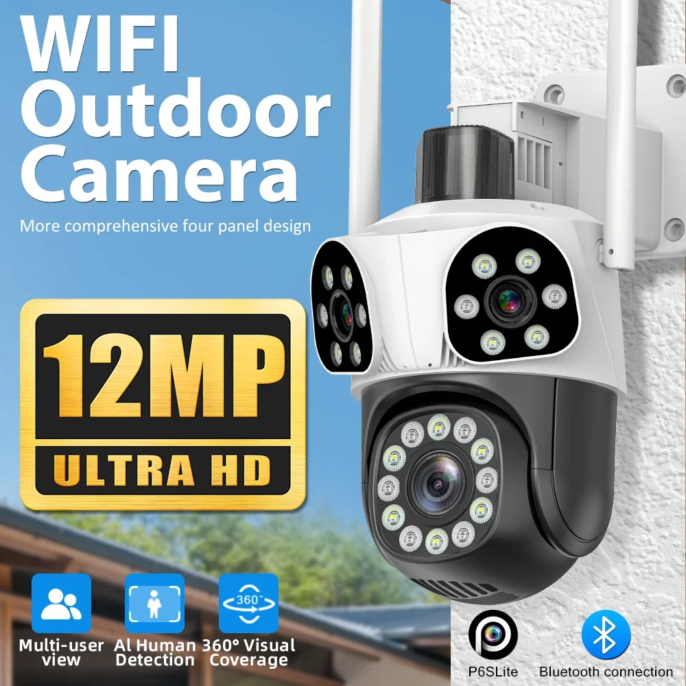 Câmera de Segurança Outdoor Triple Screen, Detecção de Corpo Móvel, WiFi, CCTV, Zoom Triplo, Lente Tripla, 6K, 12MP, Wi-Fi