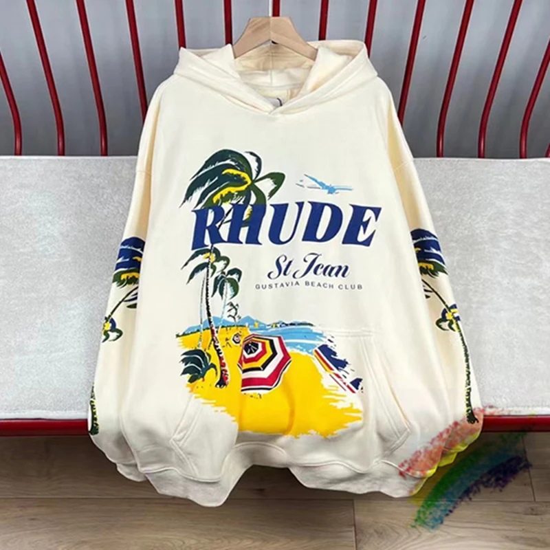 

Apricot Black Coconut Tree Beach Print Rhude Hoodie Men Women Oversize Patchwork Pullover With Tags