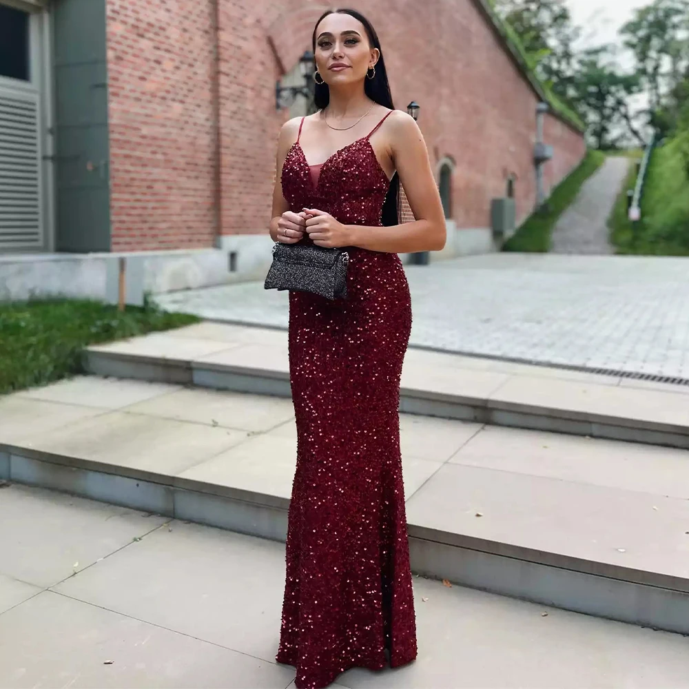 

Burgundy Evening Dress Mermaid Spaghetti Straps V Neck Glitter Evening Gowns Sequined V Neck Sleeveless Trumpet Women Prom Dress