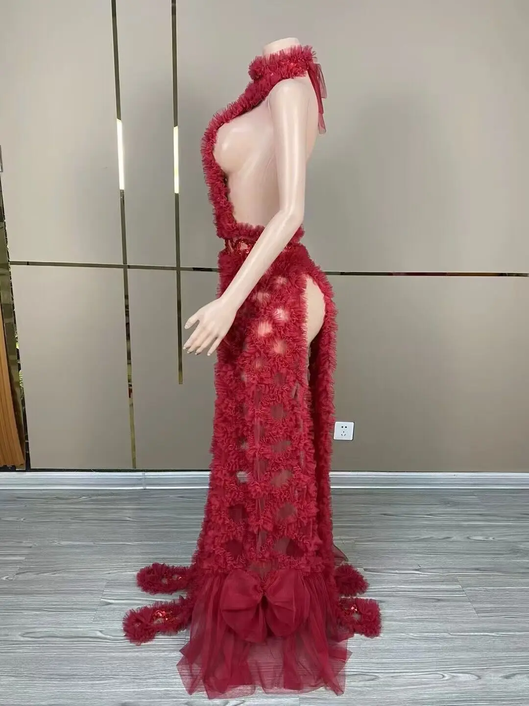 Red Mesh Sequins Sexy Hollowed-Out Halter See-Through Dress Evening Party Prom Nightclub Singer Performance Costume Stage Wear