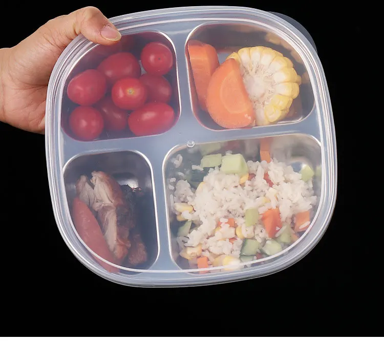 Stainless Steel Divided Grid Dinner Plate, Children's Lunch Box with Lid, School Canteen Dinner Rice Plate, Kitchen Supplies