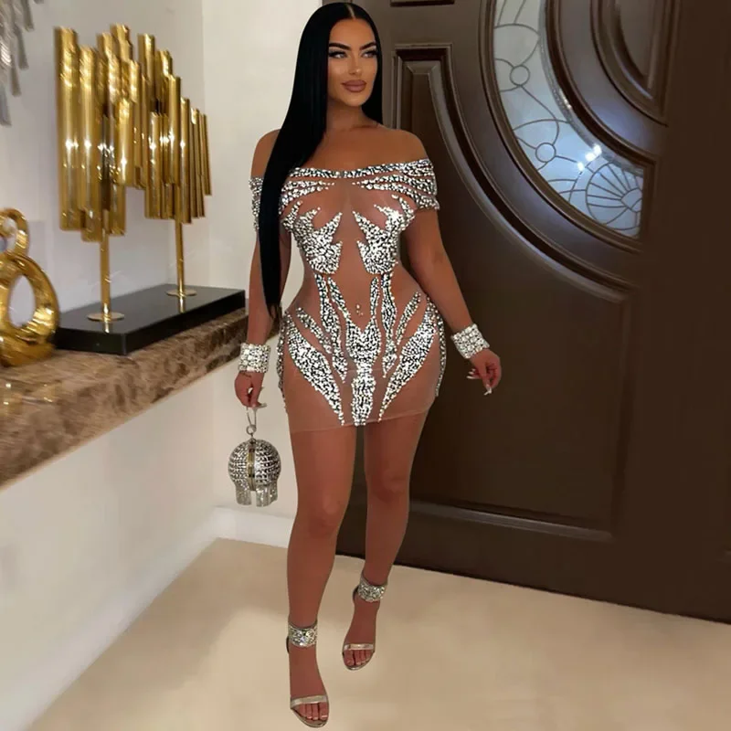 

Sparkly Diamonds Rhinestones Birthday Dresses Luxury Women Sexy Mesh See-Through Off the Shoulder Club Party Bodycon Mini Dress