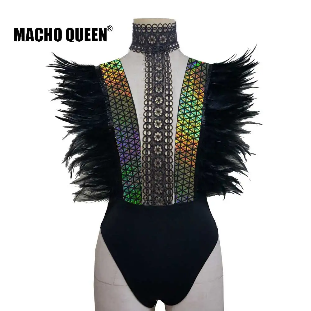 Holographic Summer Burning Man Festival Rave Clothes Gothic Outfits Wear Gear Rainbow Feather Bodysuit Hologram Clothing