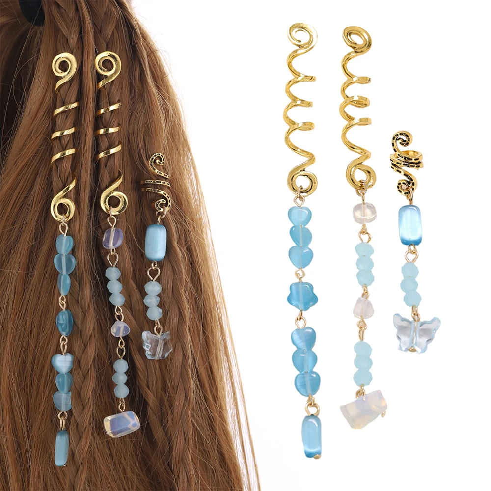 3Pcs/Set Blue Eyes Butterfly Pendants Hairpins Antique Gold Snake Hair Ring Clip for Braids Bohe Ethnic Head Jewelry Accessories