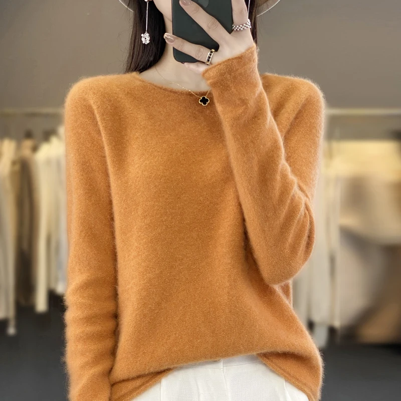 

2023 Autumn Winter New Cashmere Sweater Women's One Line Neck Long Sleeve Pullover 100% Pure Wool Loose Solid Color Fashion Knit