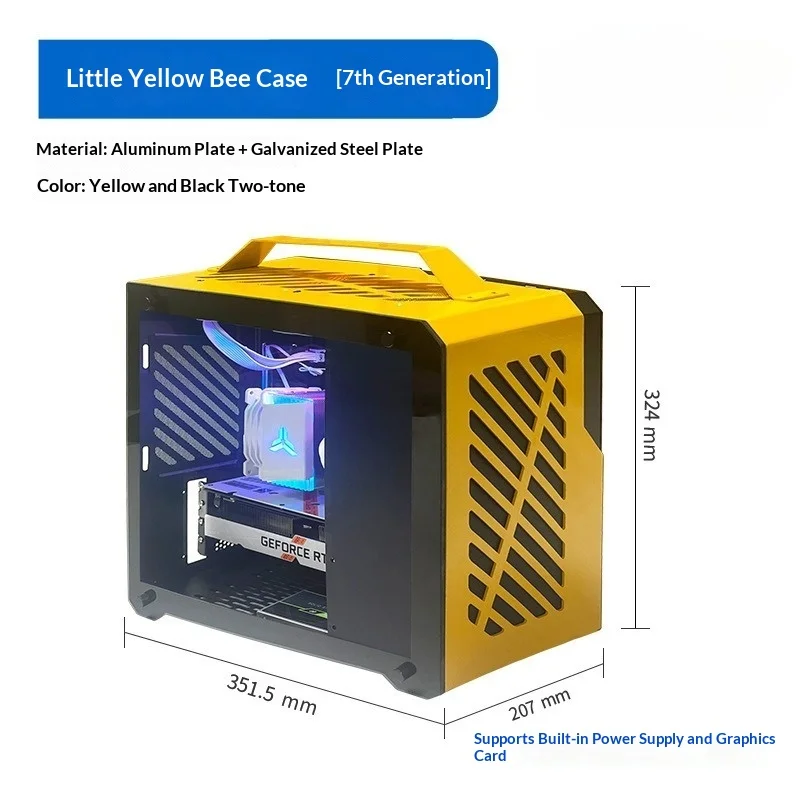 Gabinete Mini PC QM-Z36 Hornet, Liga de Alumínio, Lateral de Vidro Temperado, USB-C, USB3.0, 240 AIO, M-ATX ITX, Alça de Transporte Portátil