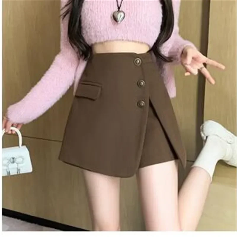 

High Waist Warm Women Wool Skirts Shorts With Button Casual Winter Thickening Wide Leg Short Pants For Boots Ladies