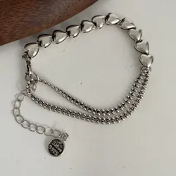 Elegant Vintage 925 Sterling Silver Heart Chain Bracelet - Handmade Retro Design (As picture)