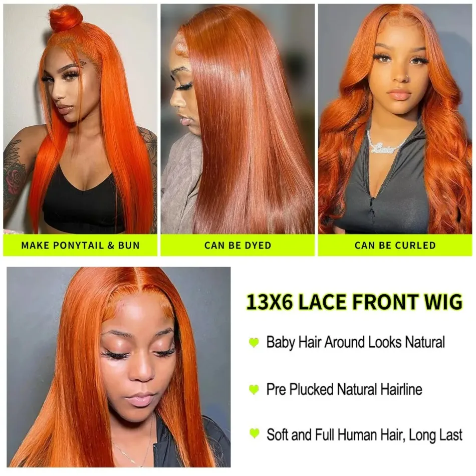 Ginger 13X6 Hd Lace Frontal Wig Straight Human Hair Wigs Orange Colored Preplucked 250 Density 100% Human Hair For Women 36 Inch