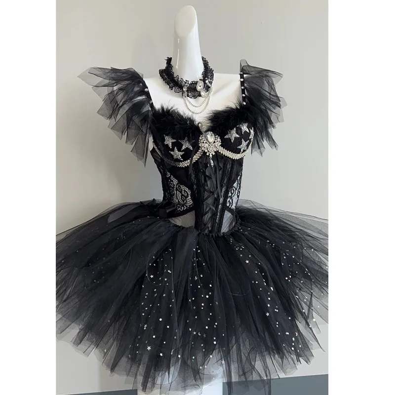 

See-through Black Feather Crystals Bodysuit Tutu Skirt Outfit Sexy Bar Club DJ Female Singer Stage Wear Rave Party Show Costume