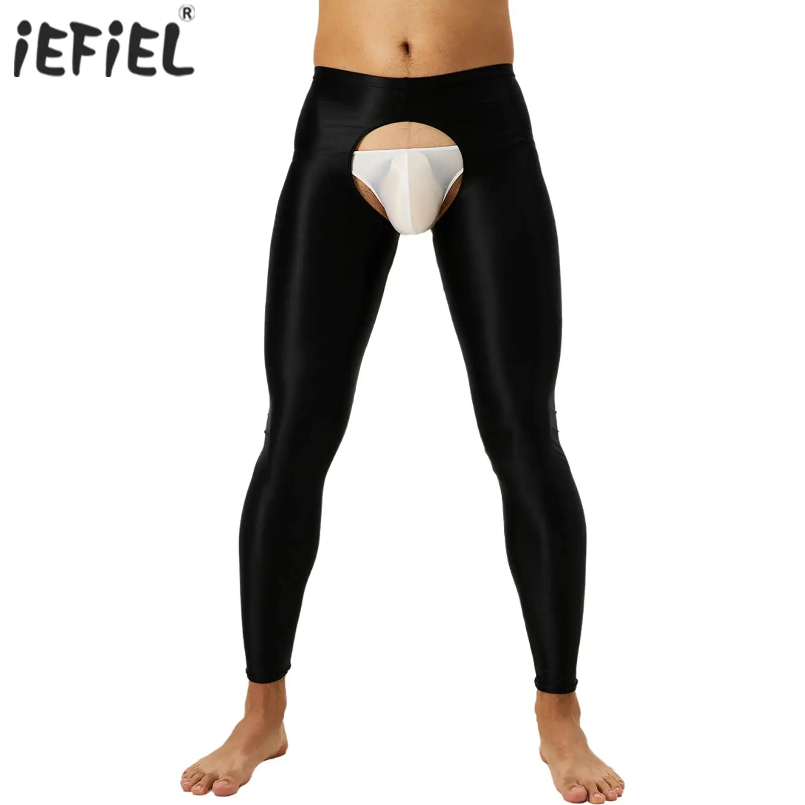 Mens Glossy Exotic Pants Open Crotch Leggings High Waist Slim Fit Tights Underwear Baselayer Pants Lingerie Nightclub Dance Wear men leggings cosplay underpants