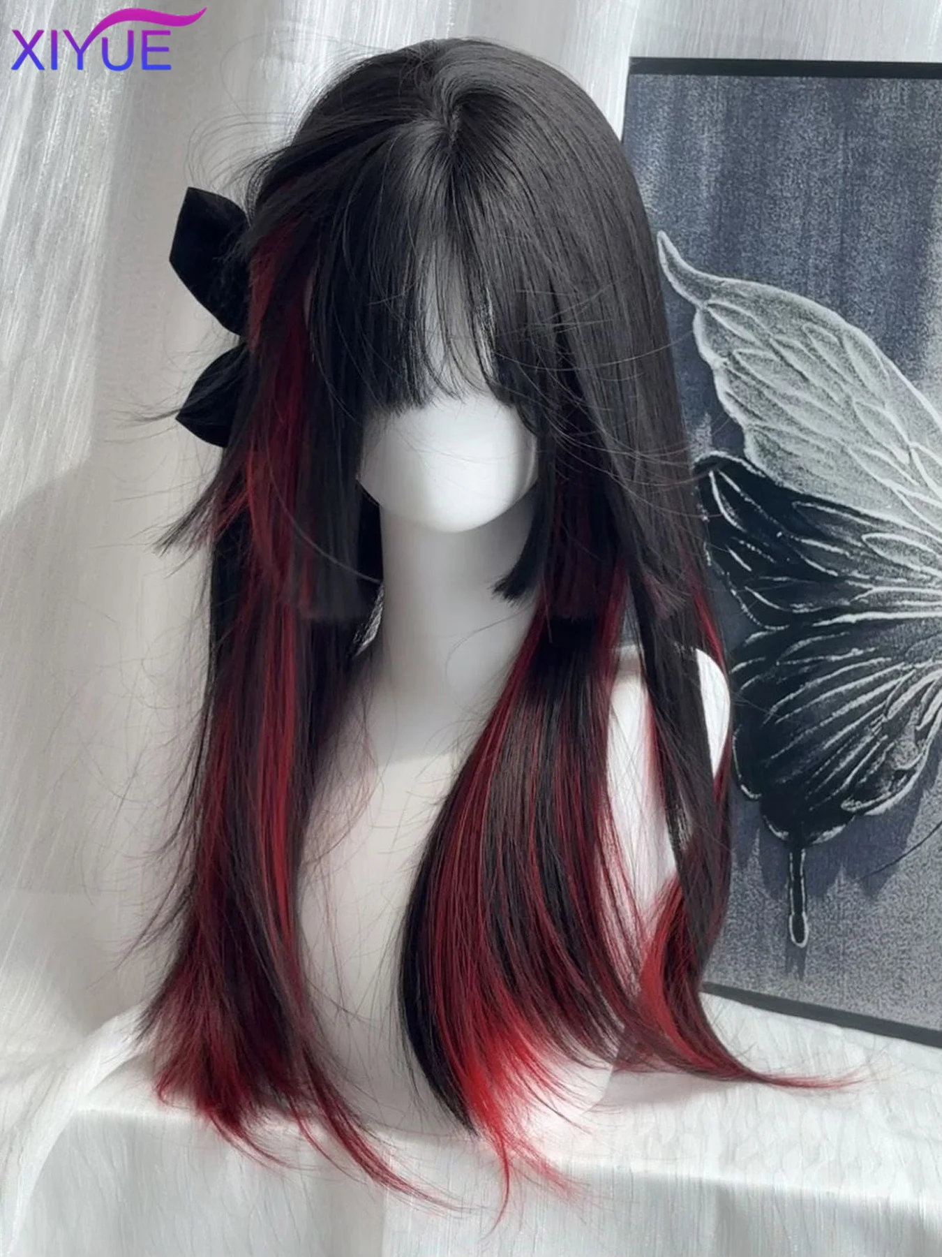XIYUE Long Straight Cosplay Wig Women Costume Party Black Red Ombre Heat Resistant Synthetic Hair Wigs