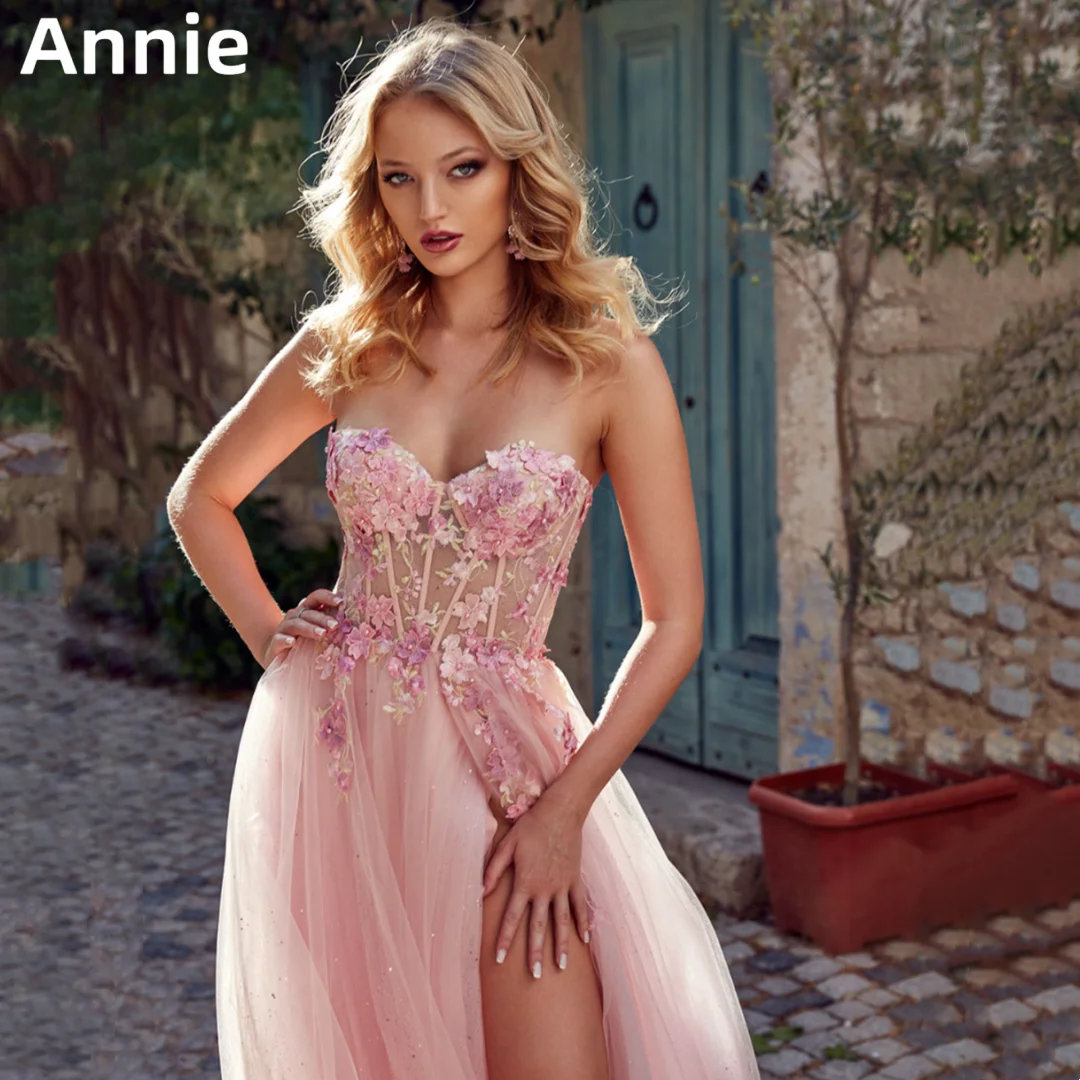 

Annie Sweet 3D Flowers Prom Dresses Strapless Glitter Tulle Special Occasion Graduation Party Dresses 2024Vestidos De Noche