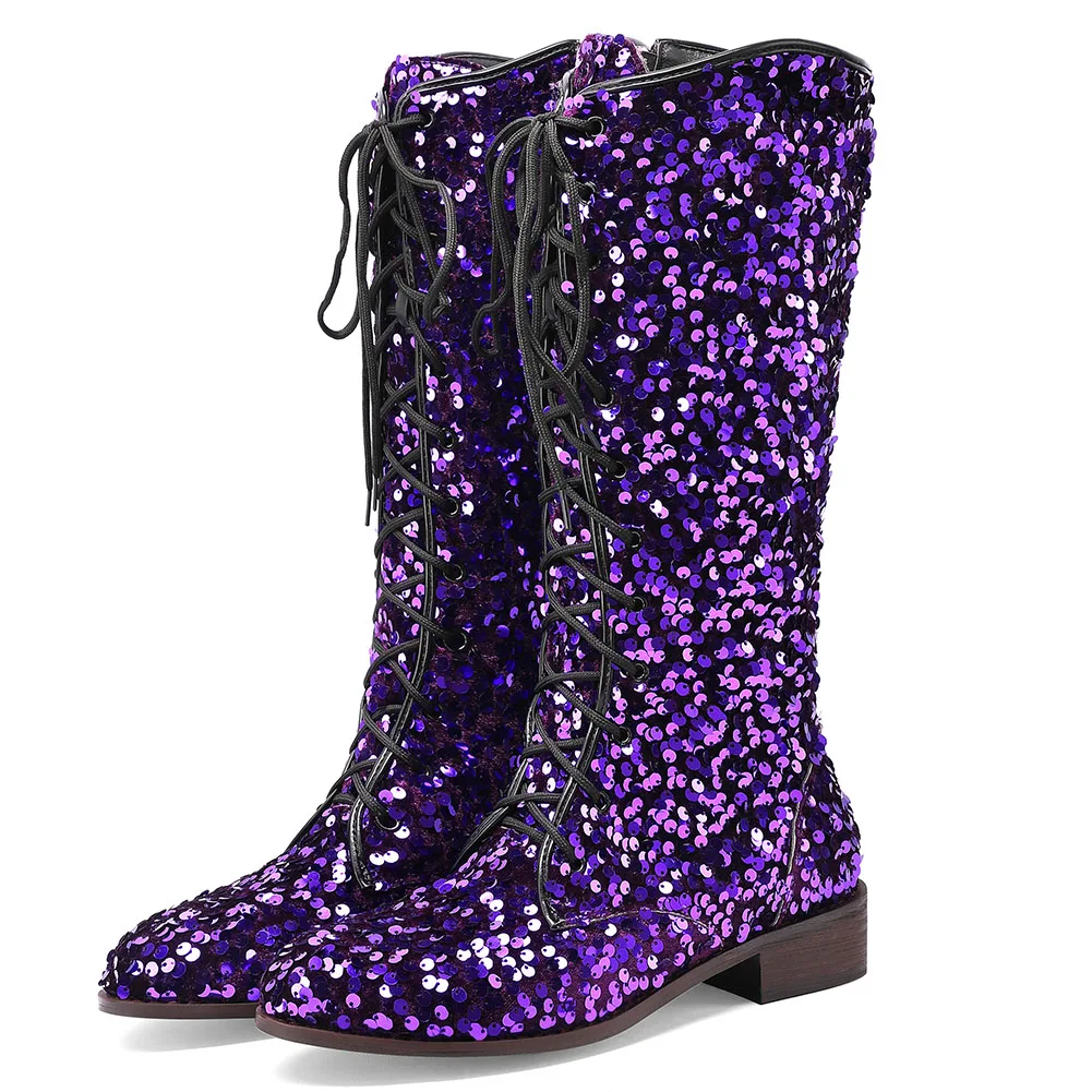 

Thick Heeled Shiny Chunky Mid-calf Women's Boots Winter New Elegant Comfortable Fashionable Shoes-lace Pary Booties For Women
