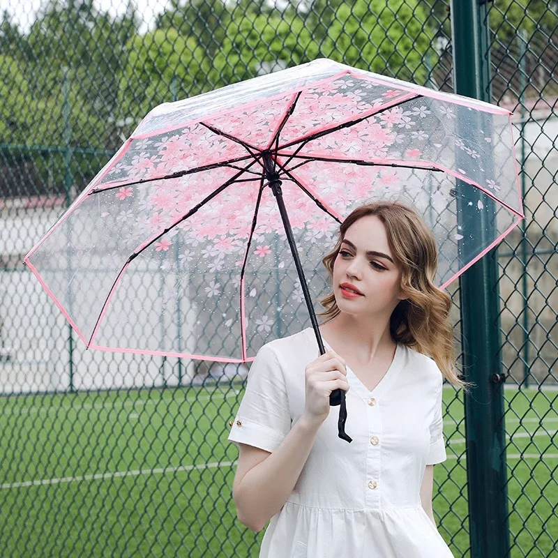 Creative Hand Movement Transparent Male Female Umbrella Cherry Blossom Style Personalized Couple Student Clear Beach Umbrella