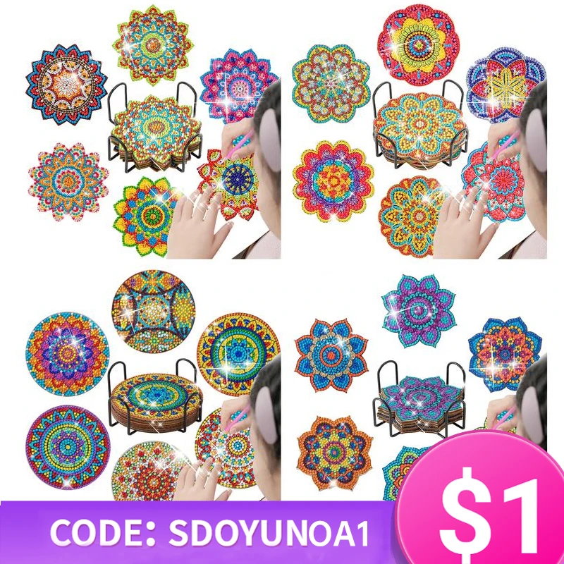 

SDOYUNO 6pc/sets DIY Diamond Painting Coaster Kit Mandala Pattern Drink Cup Diamond Art Embroidery Table Placemat Cup Mat Pad