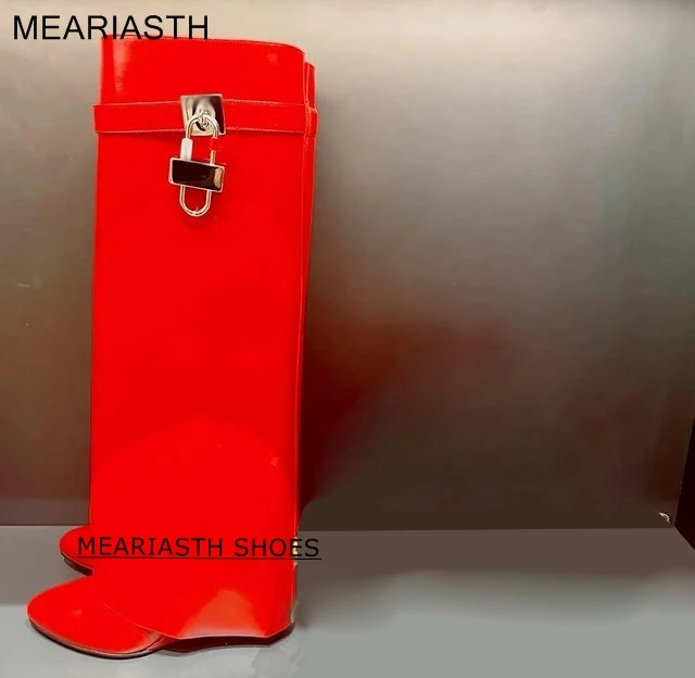 

Wedge Shark Lock Women Knee High Boots Slip-on Fold Over Lady Motorcycle Boots Height Increasing Woman Original Leather Boots