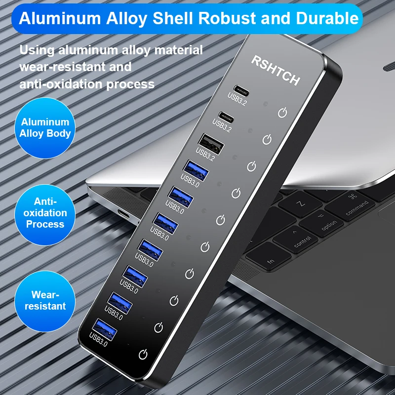 RSHTECH USB C 허브 10Gbps 노트북 USB 허브 개별 터치 스위치 Macbook 액세서리 용 10-IN-1 알루미늄 멀티 포트 어댑터
