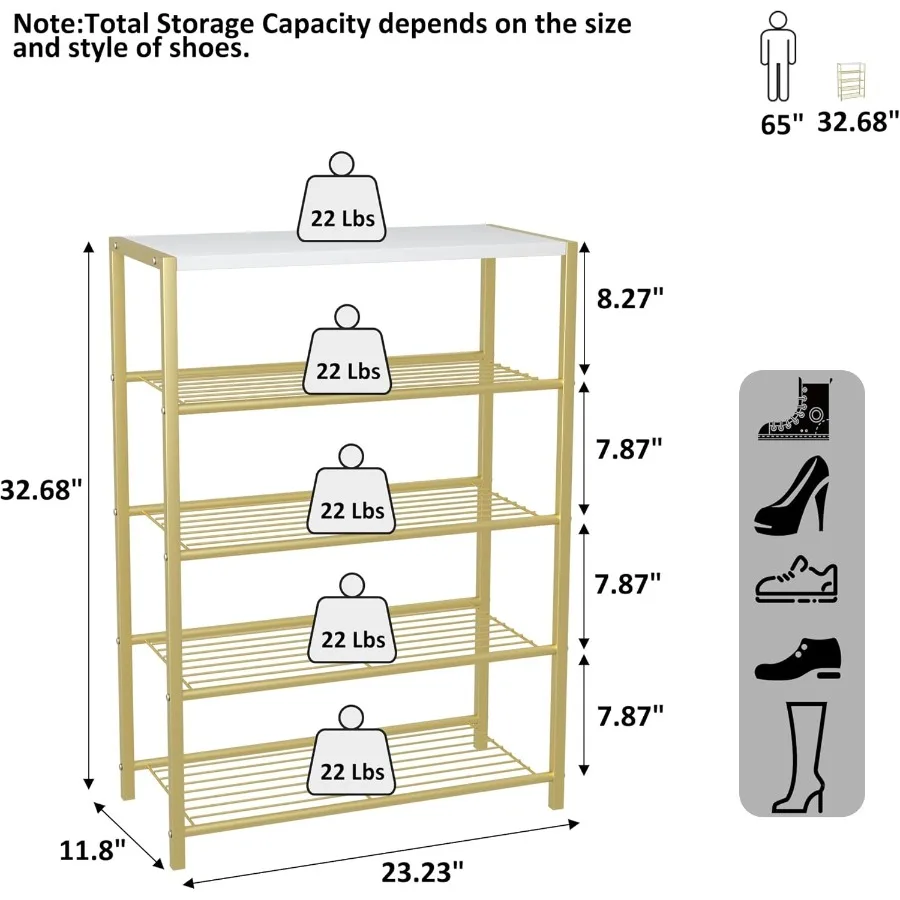 5Tier Shoe Rack Shoe Storage Shelf Industrial Shoe Tower Narrow Shoe Organizer for Closet Entryway Small Shoe Rack Table with D
