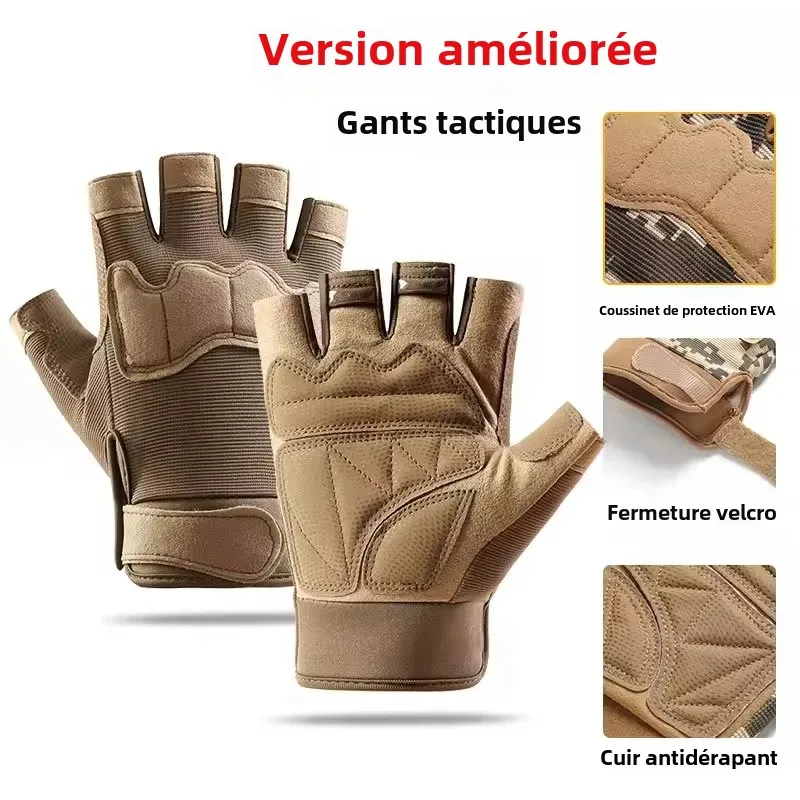Gants tactiques demi-doigts pêche sportive - Gants résistants pour pêche montagne et vélo