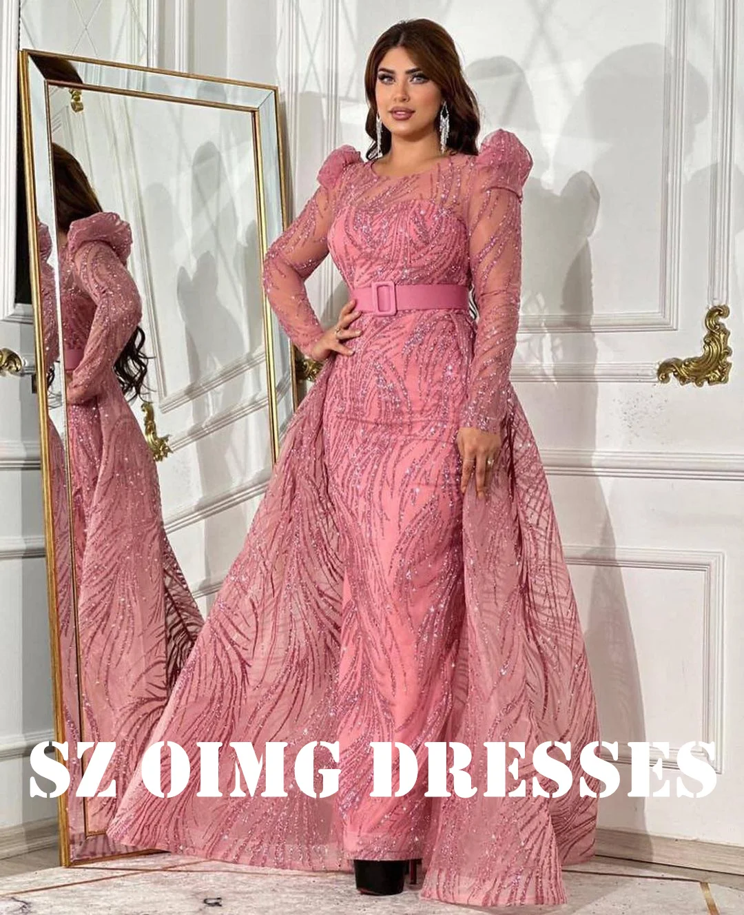 

OIMG New Design Round Collar Sequined Mermaid Prom Dresses Saudi Arabic Women Long Sleeves Pink Evening Gowns Formal Party Dress