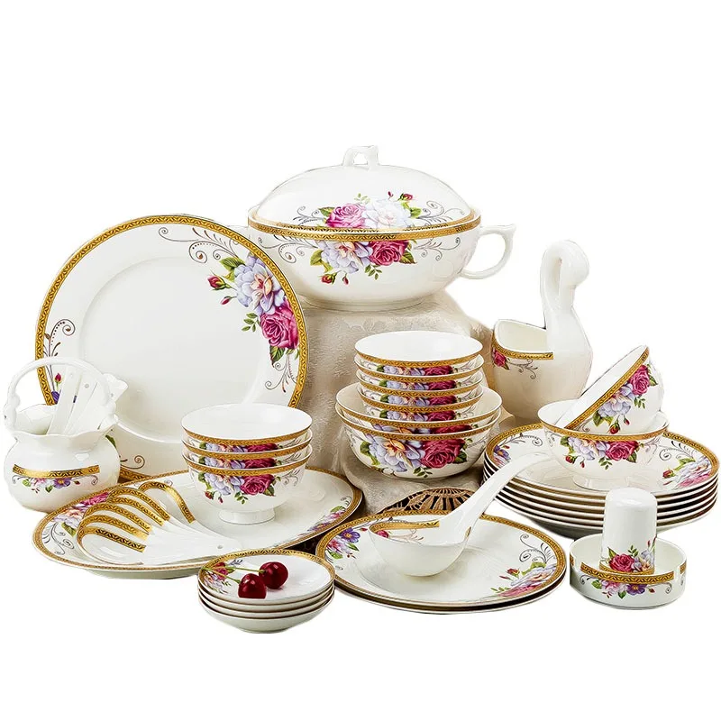 60 Heads Jingdezhen Bone China Dishes Set Pot Dinner Tableware Rice Bowl Soup Bowl Salad Noodles Plate Dish Dinnerware